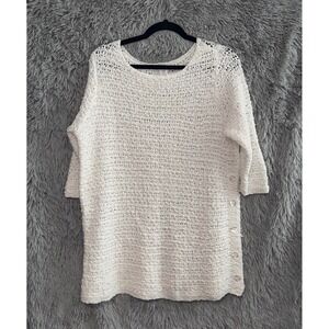 J.Jill Petite M White Cotton Crochet Knit Tunic Sweater 3/4 Sleeve Button Side